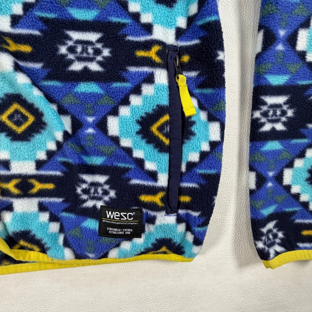 WESC Mens Medium Geometric Fleece Jacket Blue Yellow Aztec Southwestern Zip Up - Picture 5 of 16